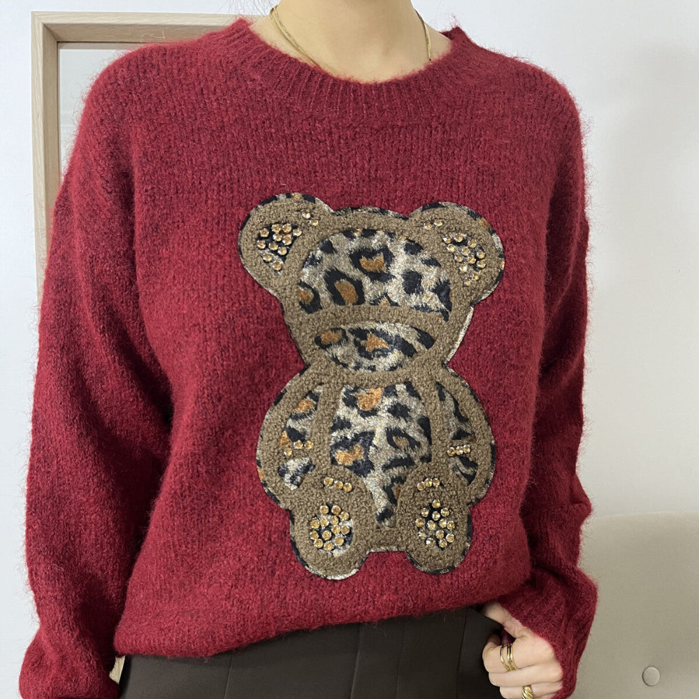 preity Female first Botique Pullover Burgunderrot Motiv Bär Leopardenmuster Herbst/Winter-Kollektion. 
